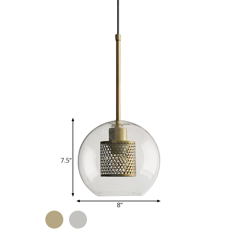 Cylindrical Colonial Metal Mesh Bedroom Pendant Light With Clear Glass Shade Bronze/Silver Gray