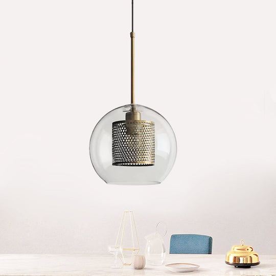 Cylindrical Colonial Metal Mesh Bedroom Pendant Light With Clear Glass Shade Bronze/Silver Gray