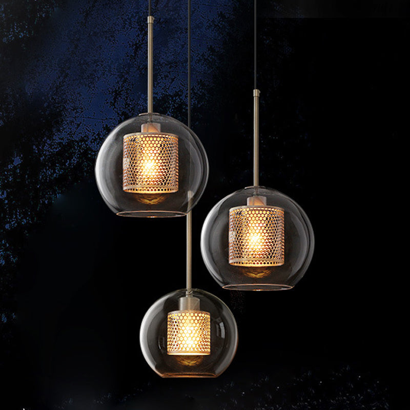 Cylindrical Colonial Metal Mesh Bedroom Pendant Light With Clear Glass Shade Bronze/Silver Gray