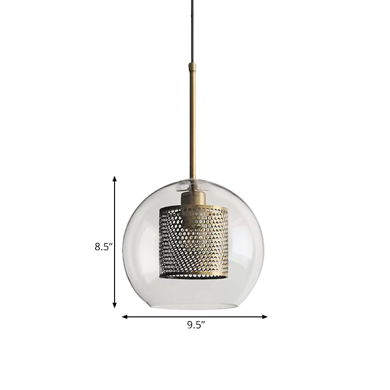 Cylindrical Colonial Metal Mesh Bedroom Pendant Light With Clear Glass Shade Bronze/Silver Gray