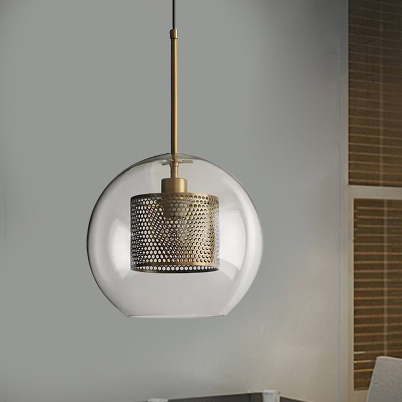 Cylindrical Colonial Metal Mesh Bedroom Pendant Light With Clear Glass Shade Bronze/Silver Gray