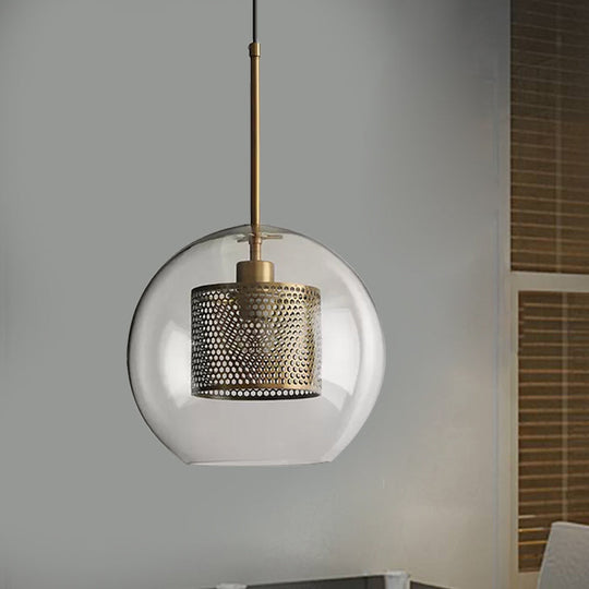 Cylindrical Colonial Metal Mesh Bedroom Pendant Light With Clear Glass Shade Bronze/Silver Gray