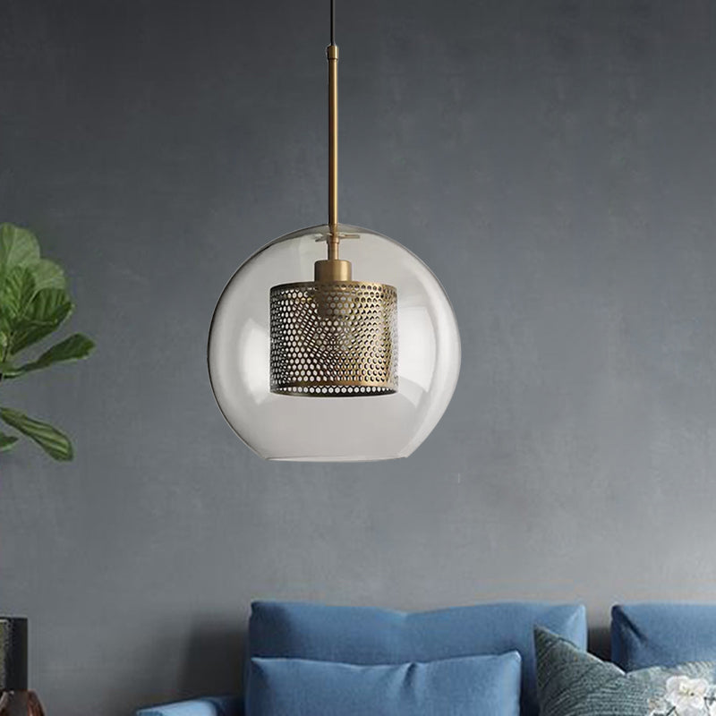 Cylindrical Colonial Metal Mesh Bedroom Pendant Light With Clear Glass Shade Bronze/Silver Gray