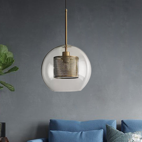 Cylindrical Colonial Metal Mesh Bedroom Pendant Light With Clear Glass Shade Bronze/Silver Gray