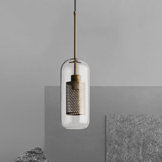 Bronze Colonial Metal Mesh Pendant Lamp With Clear Glass Shade 20.5/24.5 Tall