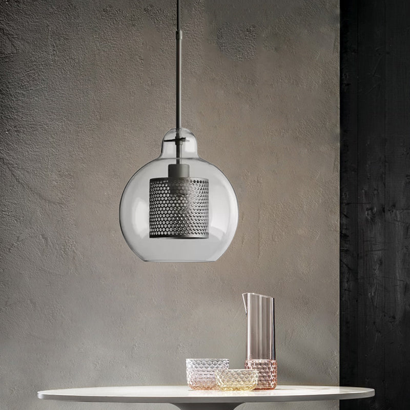 Clear Glass Globe Pendant Colonial 1 Head Restaurant Down Lighting - Bronze/Silver Gray With Metal