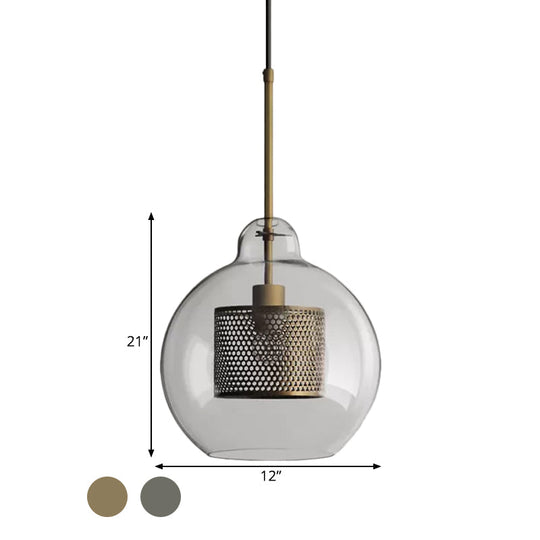 Clear Glass Globe Pendant Colonial 1 Head Restaurant Down Lighting - Bronze/Silver Gray With Metal