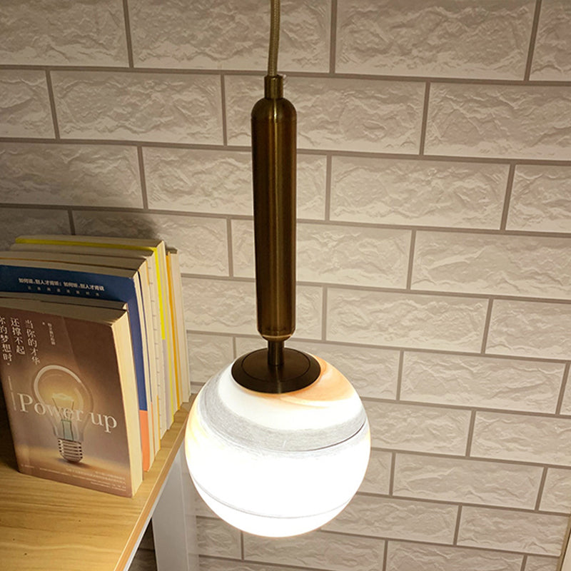 Modern Brass Pendant Bedroom Lamp With Tan/Blue Glass Shade