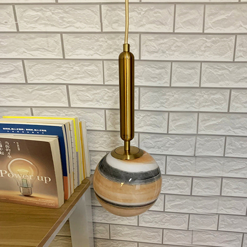 Modern Brass Pendant Bedroom Lamp With Tan/Blue Glass Shade