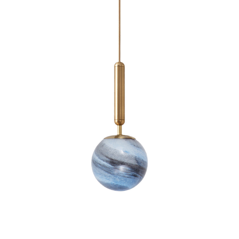 Modern Brass Pendant Bedroom Lamp With Tan/Blue Glass Shade