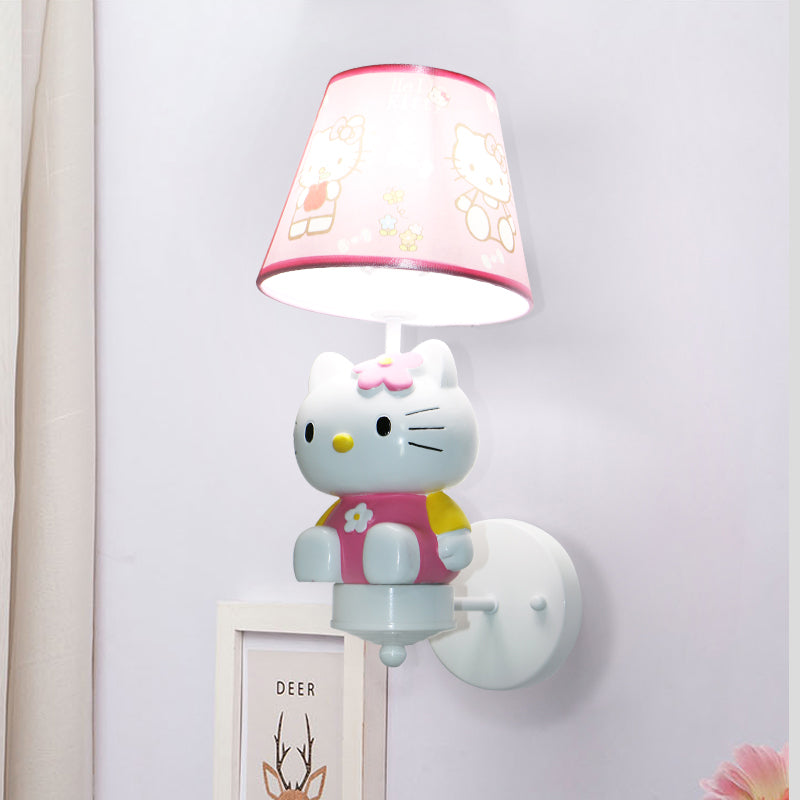 Kitty Girls Room Wall Lighting: Cute Pink Resin Cartoon Sconce Fixture With Fabric Shade