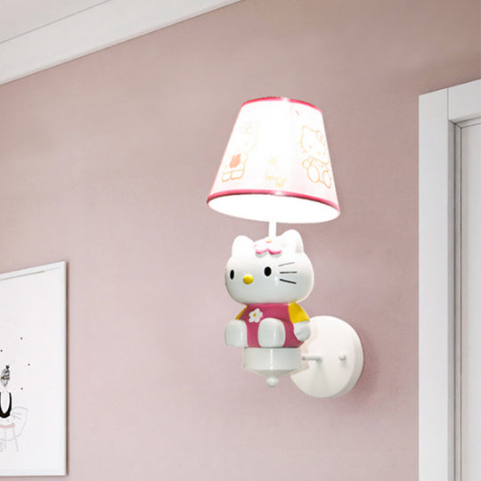Kitty Girls Room Wall Lighting: Cute Pink Resin Cartoon Sconce Fixture With Fabric Shade