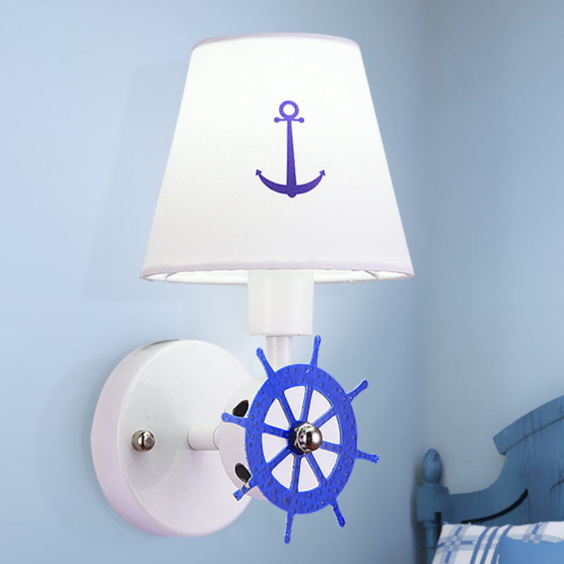 Coastal Metallic Wall Mounted Sconce With Wheel Rudder Design White-Blue Fixture & Fabric Shade
