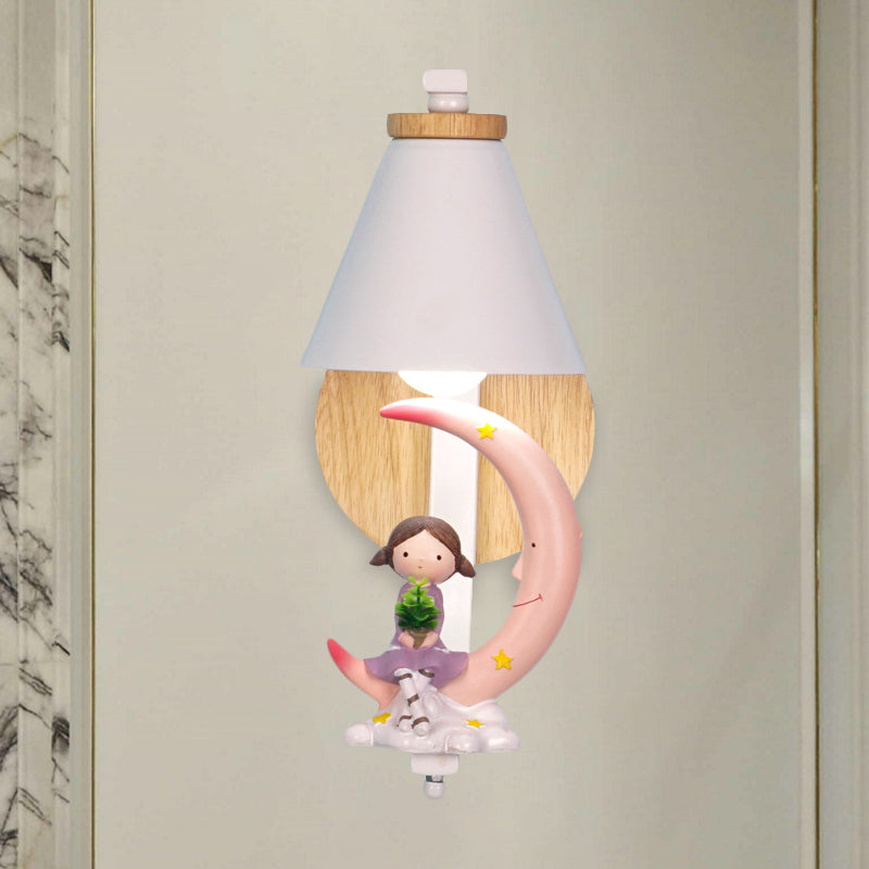 Tapered Iron Wall Mount Lamp - 1 Light Pink/Blue And Wood Sconce With Moon/Portrait Decor