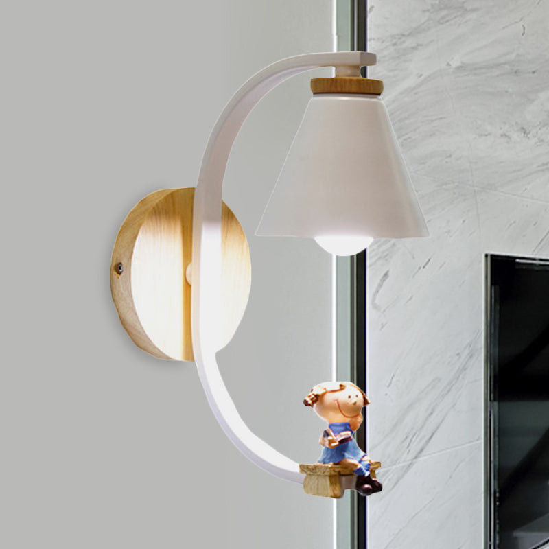 Tapered Iron Wall Mount Lamp - 1 Light Pink/Blue And Wood Sconce With Moon/Portrait Decor