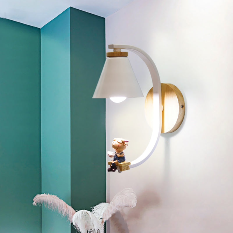 Tapered Iron Wall Mount Lamp - 1 Light Pink/Blue And Wood Sconce With Moon/Portrait Decor Blue /