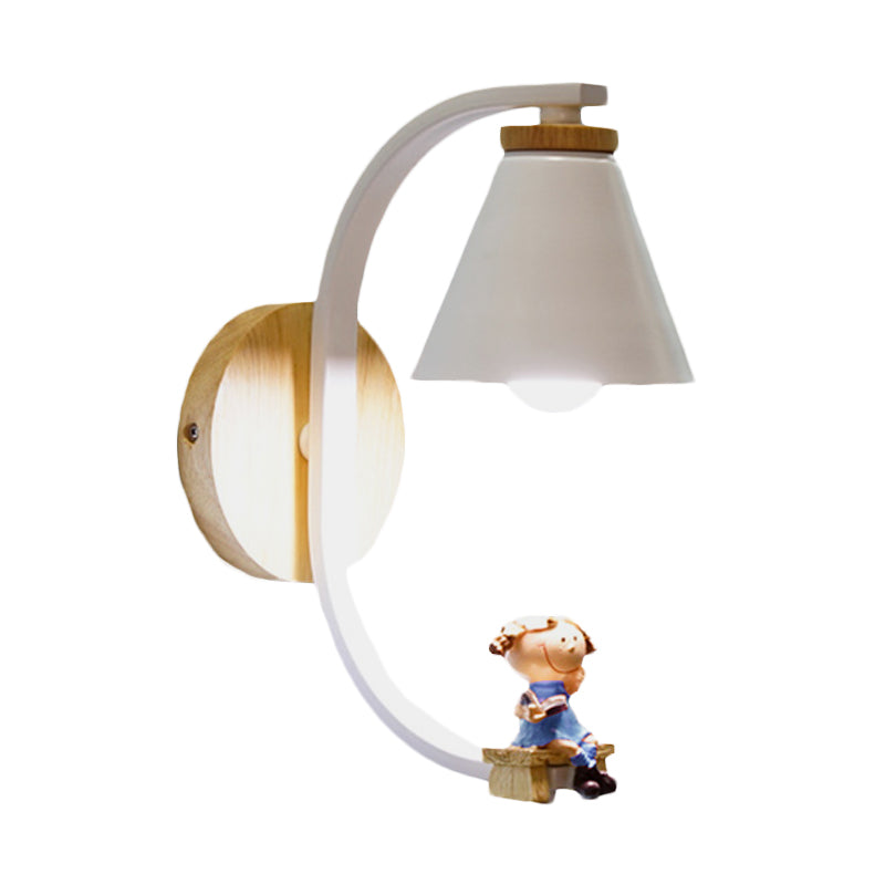 Tapered Iron Wall Mount Lamp - 1 Light Pink/Blue And Wood Sconce With Moon/Portrait Decor