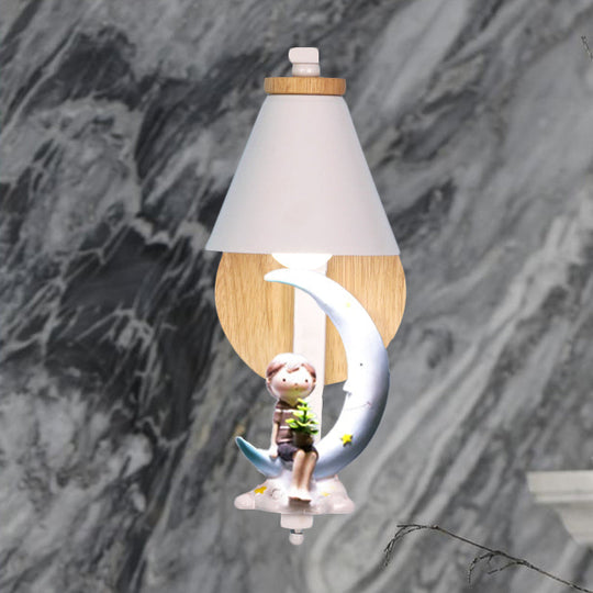 Tapered Iron Wall Mount Lamp - 1 Light Pink/Blue And Wood Sconce With Moon/Portrait Decor