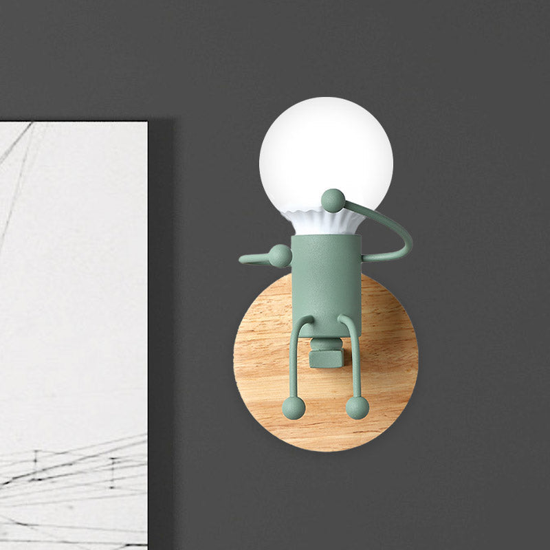 Fun Robot Design Bedside Wall Sconce With Single Iron Lamp Socket For Kids - Available In Grey Green