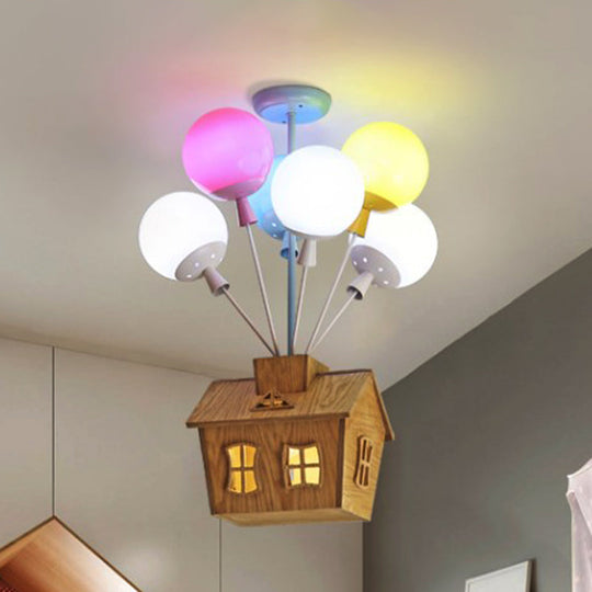 Wooden House Kids Ceiling Flush With Balloon Nursery Semi Light Glass - 6 Lights Blue-Pink-Yellow