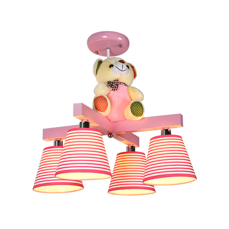 Kids’ 4-Bulb Pink Barrel Semi-Mount Fabric Ceiling Lamp With Bear Decor