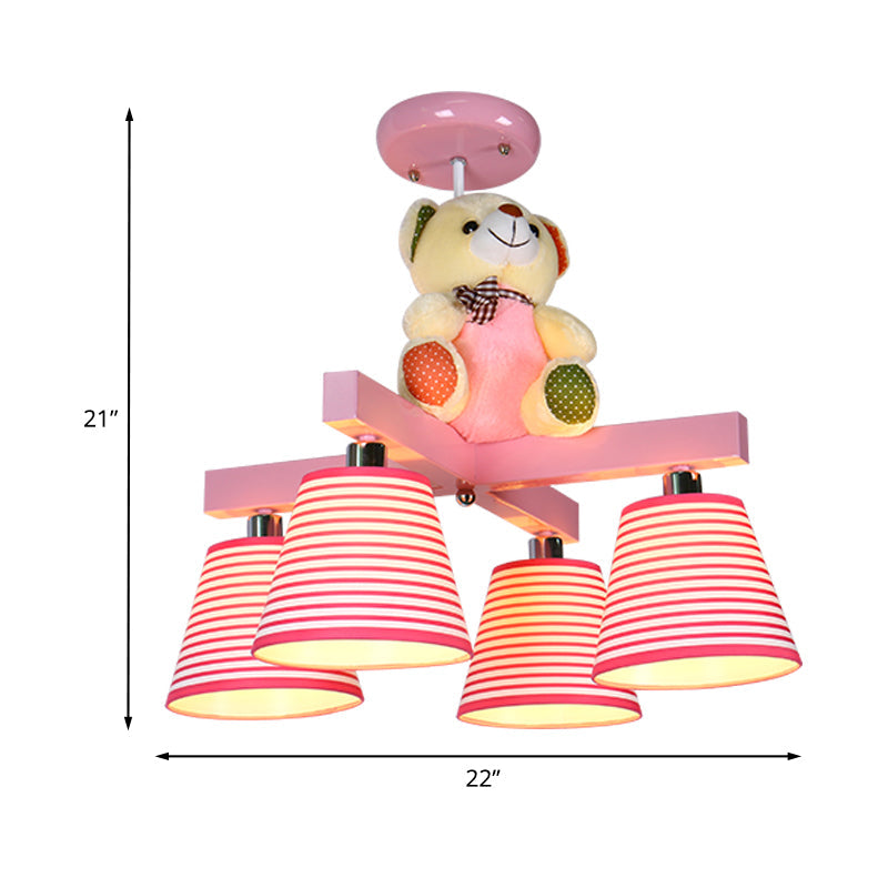 Kids’ 4-Bulb Pink Barrel Semi-Mount Fabric Ceiling Lamp With Bear Decor