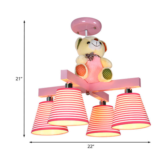 Kids’ 4-Bulb Pink Barrel Semi-Mount Fabric Ceiling Lamp With Bear Decor