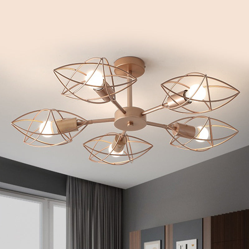 Colonial Iron Star Cage Gold Semi Flush Mount - 5-Light Close To Ceiling Lighting Fixture For