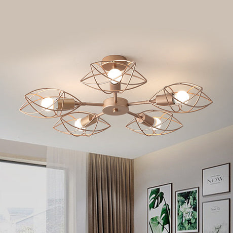 Colonial Iron Star Cage Gold Semi Flush Mount - 5-Light Close To Ceiling Lighting Fixture For
