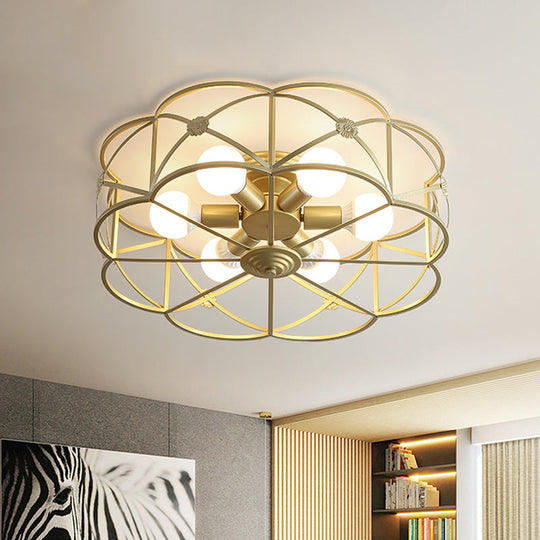 Scalloped Cage Iron Gold Flush Mount With 6 Bulbs - Stylish Colonial Ceiling Light Fixture For