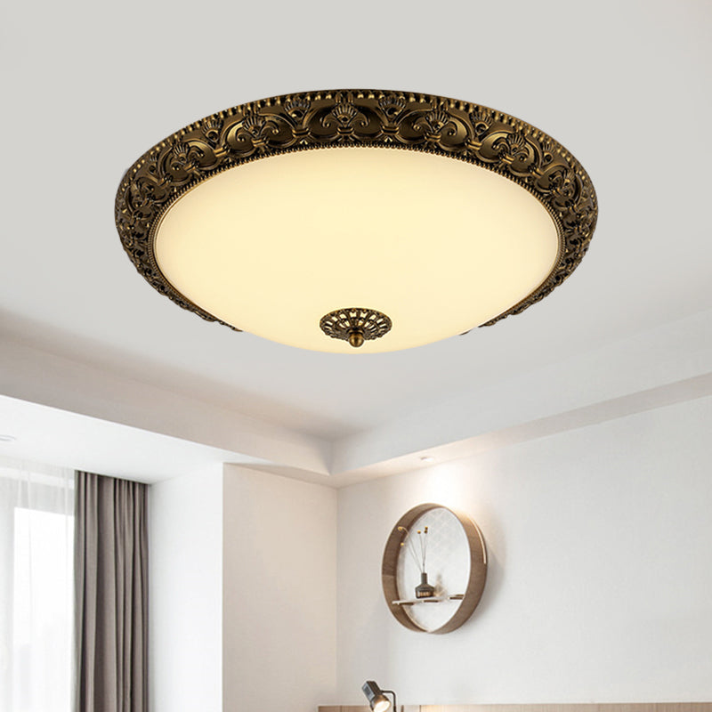 Frosted Glass Ceiling Fixture - Rustic Led Bedroom Flush Mount Lighting In Brass (Bowl Design