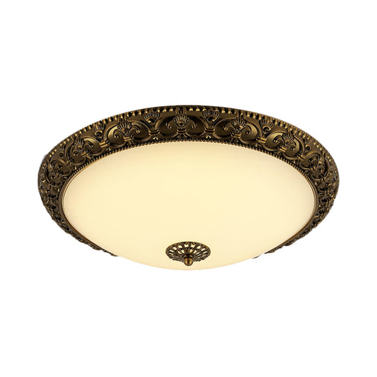 Frosted Glass Ceiling Fixture - Rustic Led Bedroom Flush Mount Lighting In Brass (Bowl Design