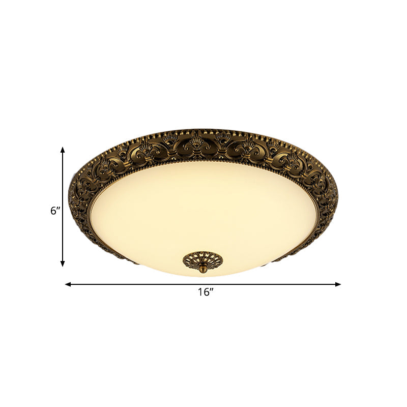 Frosted Glass Ceiling Fixture - Rustic Led Bedroom Flush Mount Lighting In Brass (Bowl Design