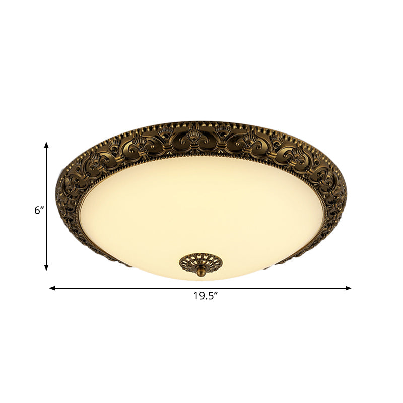 Frosted Glass Ceiling Fixture - Rustic Led Bedroom Flush Mount Lighting In Brass (Bowl Design