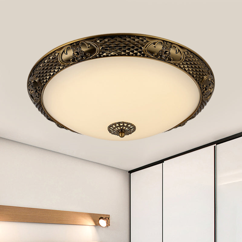 Frosted Glass Ceiling Fixture - Rustic Led Bedroom Flush Mount Lighting In Brass (Bowl Design