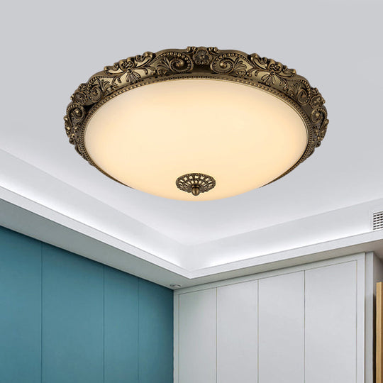 Traditional White Glass Led Bedroom Ceiling Lamp - Brass Domed Flush Mount Lighting (12’/16’/19.5’)
