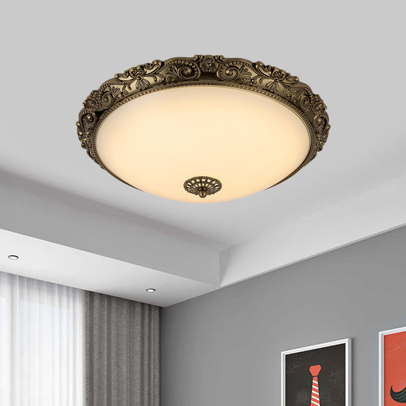 Traditional White Glass Led Bedroom Ceiling Lamp - Brass Domed Flush Mount Lighting