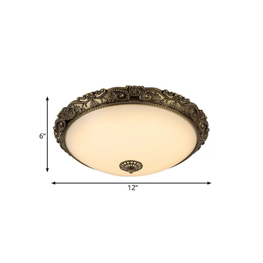 Traditional White Glass Led Bedroom Ceiling Lamp - Brass Domed Flush Mount Lighting (12’/16’/19.5’)