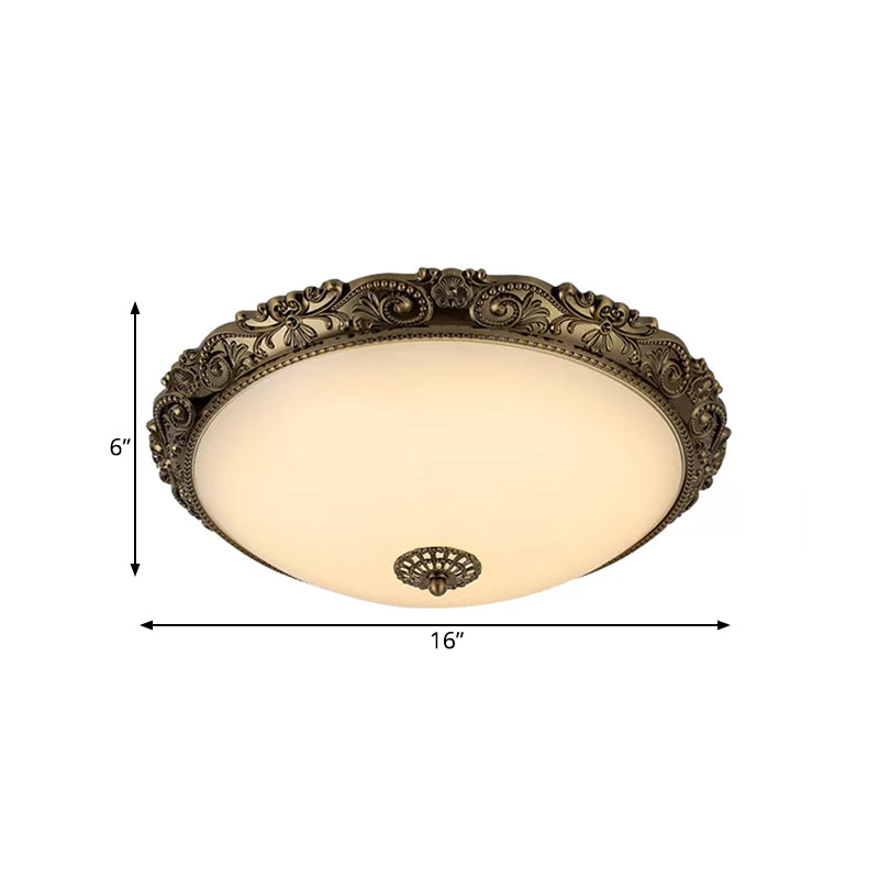 Traditional White Glass Led Bedroom Ceiling Lamp - Brass Domed Flush Mount Lighting (12’/16’/19.5’)