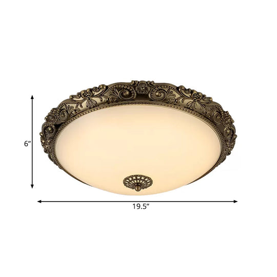 Traditional White Glass Led Bedroom Ceiling Lamp - Brass Domed Flush Mount Lighting (12’/16’/19.5’)
