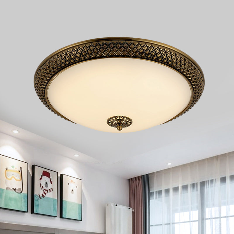 Traditional White Glass Led Bedroom Ceiling Lamp - Brass Domed Flush Mount Lighting (12’/16’/19.5’)