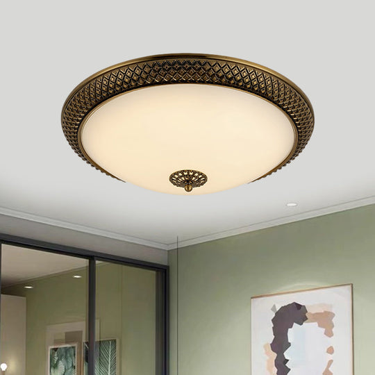 Traditional White Glass Led Bedroom Ceiling Lamp - Brass Domed Flush Mount Lighting