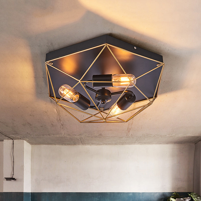 Traditional Metal Prism Cage Foyer Ceiling Light Black Flush Mount Fixture With 3 Heads