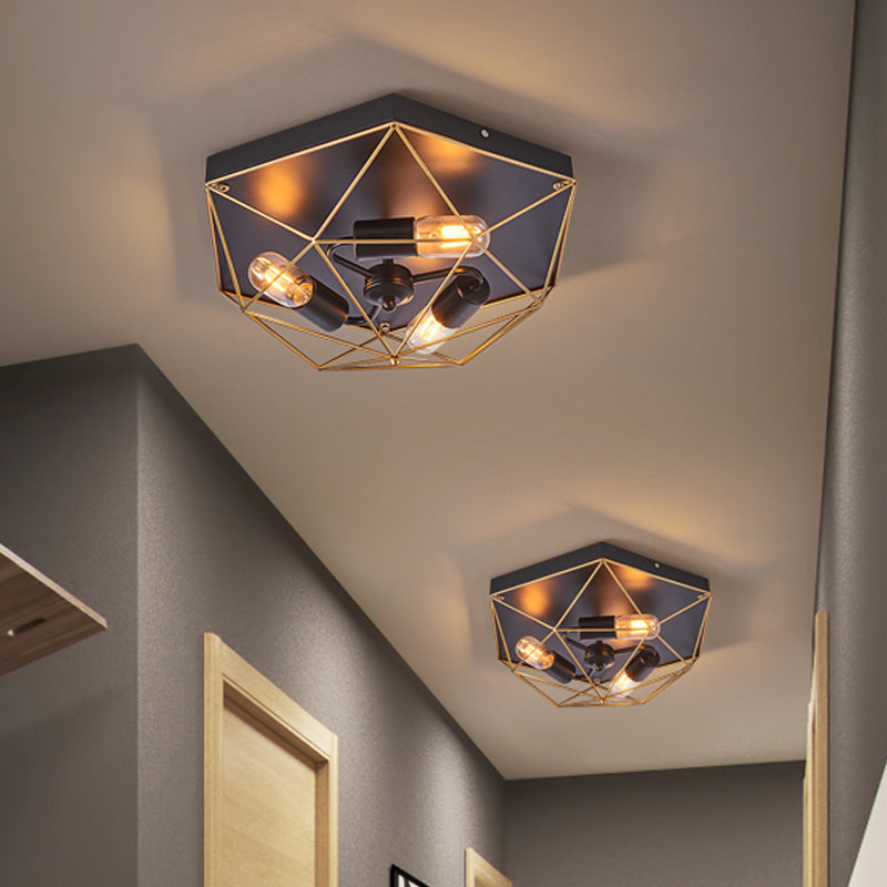 Traditional Metal Prism Cage Foyer Ceiling Light Black Flush Mount Fixture With 3 Heads