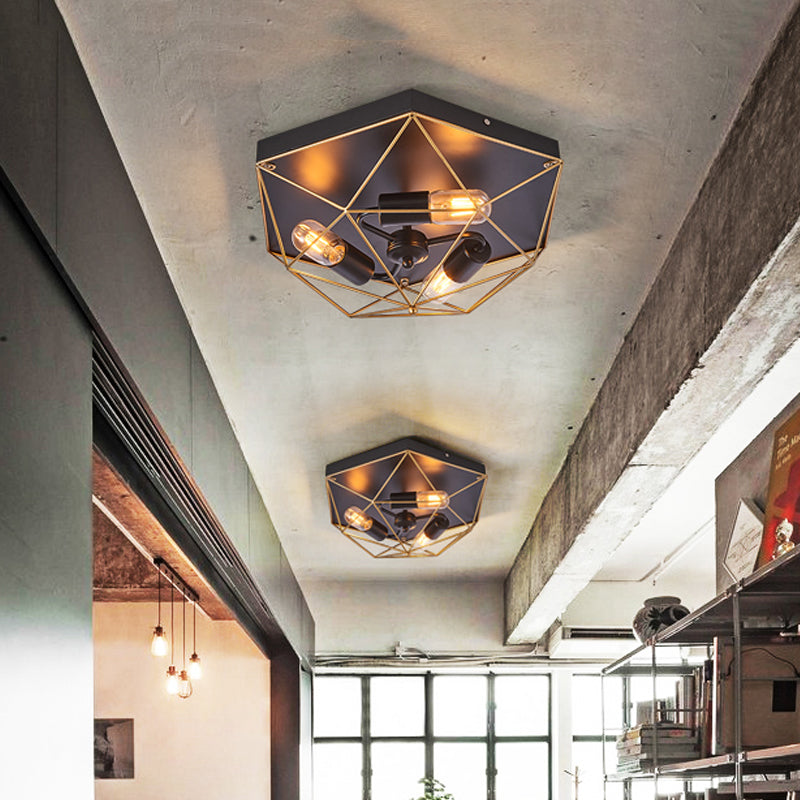 Traditional Metal Prism Cage Foyer Ceiling Light – Black Flush Mount Fixture With 3 Heads