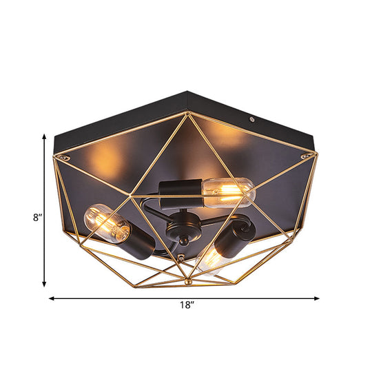 Traditional Metal Prism Cage Foyer Ceiling Light Black Flush Mount Fixture With 3 Heads