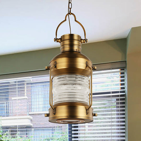 Hanging Lantern Cafe Light Kit - Industrial Iron Gold Suspended Pendant With Clear Glass Shade