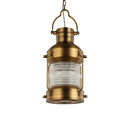 Hanging Lantern Cafe Light Kit - Industrial Iron Gold Suspended Pendant With Clear Glass Shade