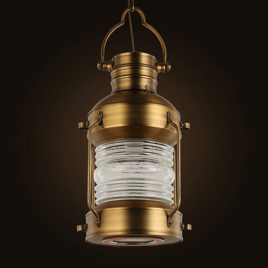 Hanging Lantern Cafe Light Kit - Industrial Iron Gold Suspended Pendant With Clear Glass Shade