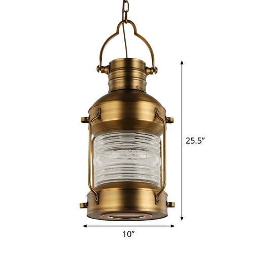 Hanging Lantern Cafe Light Kit - Industrial Iron Gold Suspended Pendant With Clear Glass Shade